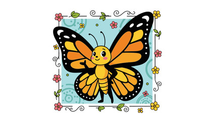 Cartoon illustration of a cheerful monarch butterfly standing within a decorative floral frame on a light blue background.