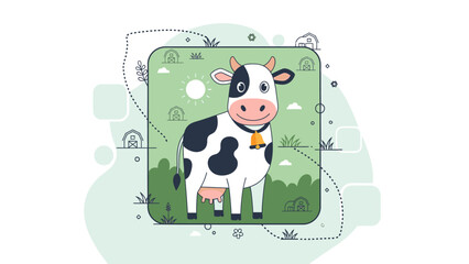 Cartoon illustration of a happy black and white cow with a bell, standing in a green field.