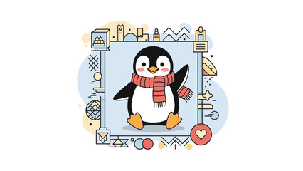 Cartoon penguin wearing a scarf, surrounded by a decorative frame with various geometric shapes and icons.