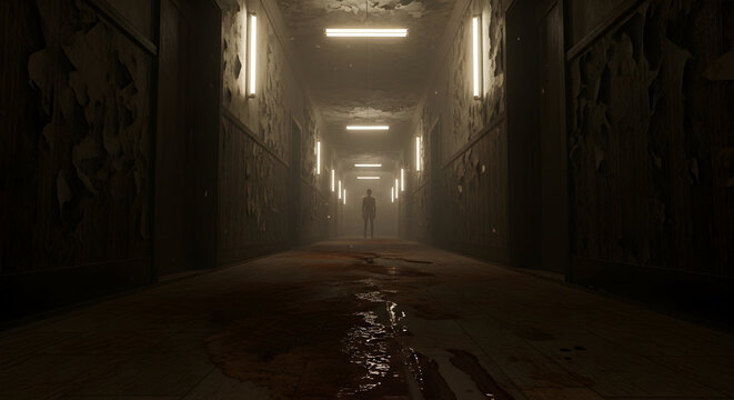 Creepy Dark Corridor with Bloodstains and Shadowy Human Silhouette, Spooky Horror Atmosphere, Abandoned Hallway Scene, Fear, Mystery and Thriller Concept