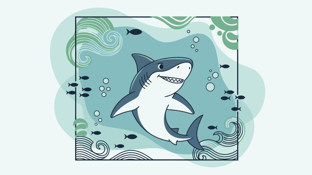 A smiling cartoon shark swims surrounded by small fish and ocean waves.