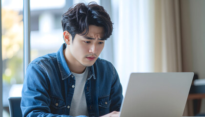 PCの前で悩む男性