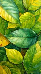 Lush green and yellow leaves fill the frame, layered and overlapping, creating a vibrant, textured natural scene