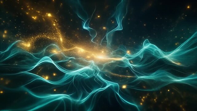 Intricate Cyan Energy Waves on Dark Background with Bursting Golden Particles Showcasing Fut