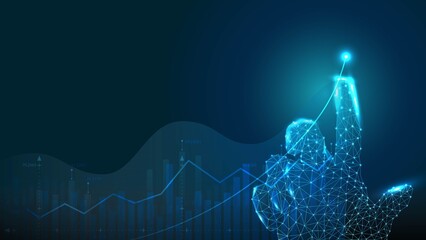 Digital representation of data trends, showcasing a futuristic hand gesture reaching for success in data analysis.