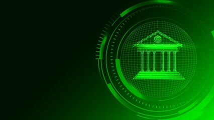 Futuristic digital representation of a bank or financial institution in vibrant green colors, showcasing modern architecture and innovation.