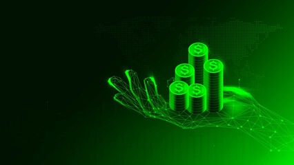A digital hand holds glowing stacks of money against a dark background, symbolizing finance and investment technology.