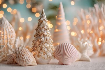 Seashell Starfish Christmas Tree Ornament Tropical Pastel Fantasy Winter Background