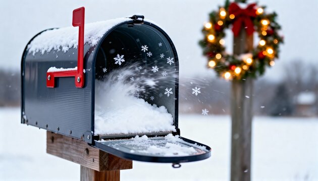 Christmas mailbox covered in snow with wreath in winter landscape