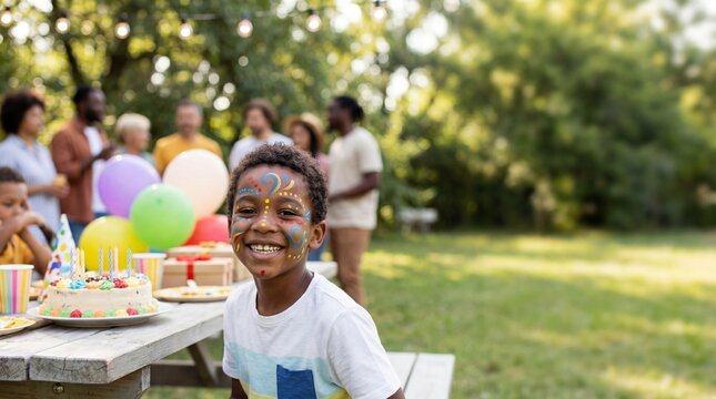 African boy smiling with face paint at birthday party outdoors - Powered by Adobe