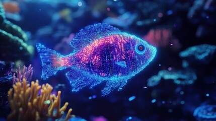 Abstract digital fish in vibrant coral reef
