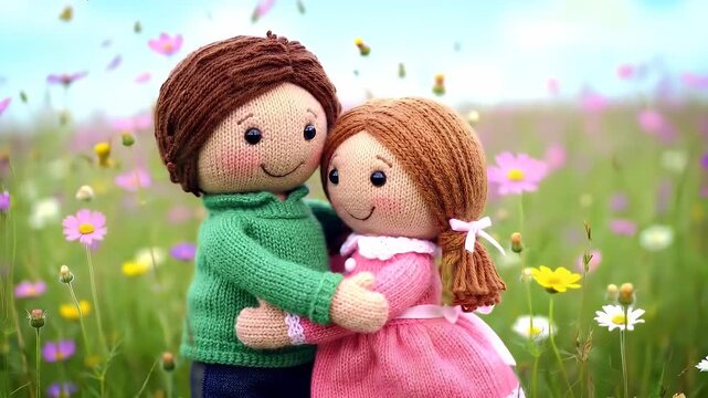 Whimsical clay figurines embrace in a sunlit meadow filled with daisies and wildflowers