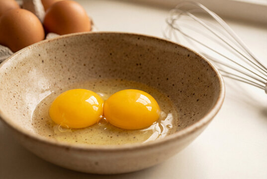 Close-up of two raw egg yolks in a rustic ceramic bowl, with a carton of brown eggs and a metal whisk in the soft-focused background on a white sur...