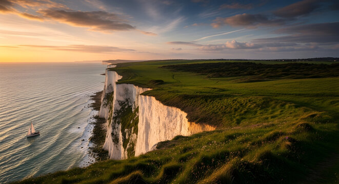 Majestic White Cliffs of Dover rising above the sea, showcasing dramatic English coastline scenery, bright chalk cliffs, and sweeping coastal landscape under clear skies