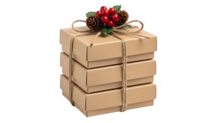 Stack of small kraft boxes, tied with jute, decorated with pinecones and small berries, isolated on white.