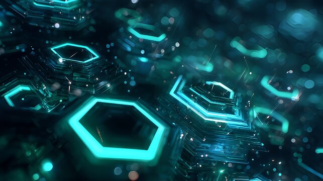 A high-detail futuristic abstract background featuring glowing neon turquoise hexagonal shapes, layered geometric structures, and bokeh light particles. Perfect for technology themes, sci-fi visuals, 