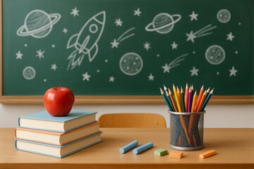 Classroom desk with books, apple, and pencils in front of chalkboard with space-themed drawings, symbolizing education and imagination concept. Ai generative