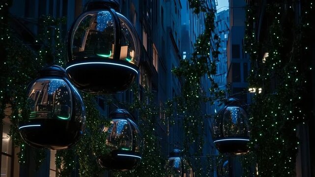 Public transport pods glide through bioluminescent alleys amid urban greenery at twilight