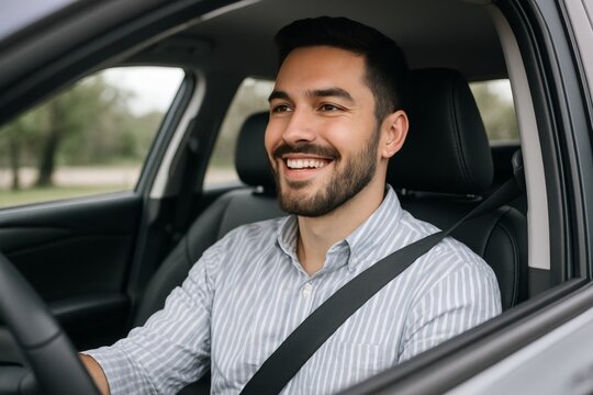 Smiling man driving a car wearing seatbelt, striped shirt, and looking forward on a bright day with green trees in soft focus outside the window. Ai generative - Powered by Adobe