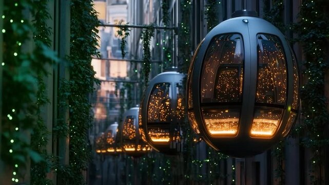 Public transport pods glide through bioluminescent alleys amid urban greenery at twilight