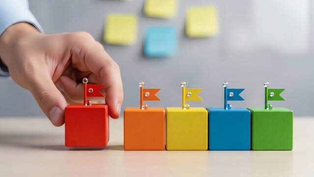 Business timeline and project planning. Large colored cubes with small flags representing execution levels and step-by-step product development workflow.
