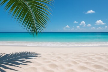Obraz premium Tropical beach with turquoise water, white sand, palm leaf shadow and blue sky with clouds, perfect summer vacation background concept scene. Ai generative