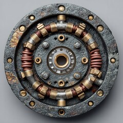 Fototapeta premium Intricate Industrial Clutch Plate Mechanism with Rusty Metal and Brass Pipes, featuring detailed springs and bolts, showcasing steampunk aesthetic and textures.
