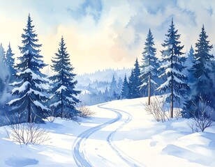 Naklejka premium Tranquil snowy landscape featuring a winding path and tall pines rendered in delicate watercolor tones