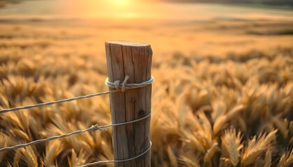 Wooden post standing in the middle of a wide wheat field surrounded by golden crops under soft daylight creating a calm rural scene with natural textures and open agricultural landscape