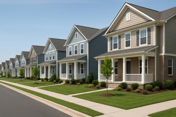 Row of modern suburban houses with manicured lawns and trees along a quiet street under clear blue sky in residential neighborhood concept background. Ai generative
