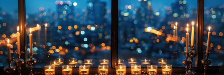Hanukkah candles illuminating city skyline at night - holiday celebration. Jewish religious holiday. Horizontal banner. Copy space