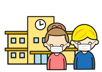 学校の前でマスク姿で笑顔の女の子と男の子