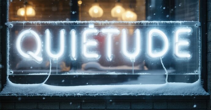 Neon sign reading Quietude visible through frosted window. Snow covers exterior, warm light glows inside. Winter scene evokes calm.