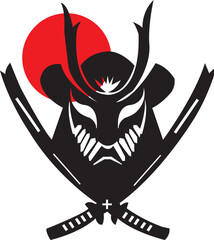Stylized black and white samurai mask logo with red sun background