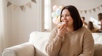 Plus-size woman enjoying a donut while sitting on a sofa indoors
