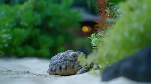 A small tortoise walking on sandy ground with green plants in the background.