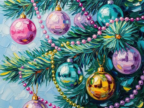 Festive Christmas Tree Ornaments and Garland Oil Painting.