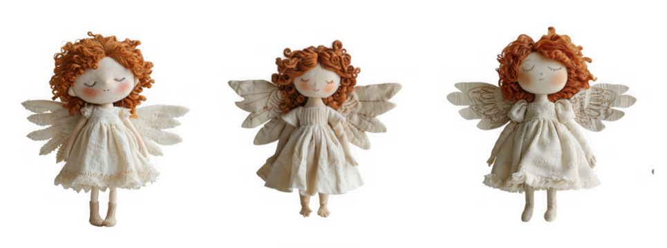 Three handmade fabric angel dolls with ginger hair and delicate lace wings isolated on transparent background