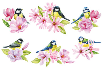 Fototapeta premium Watercolor spring birds with pink magnolia flowers and green leaves delicate floral songbird illustrations set