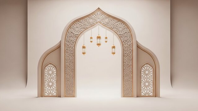 Ornate archway with hanging lanterns and geometric patterns in a studio setting