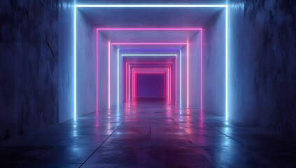 Illuminated futuristic corridor with glowing neon light frames in a repeating pattern creating a sense of depth and endlessness with reflections on the wet floor