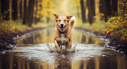 Excited Canine Splashing Through Wet Woodland Terrain, Highlighting Boundless Playfulness, Cheerful Personality, and Love for Adventure in a Vibrant Forest Setting