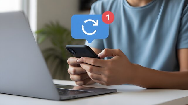Update concept. upgrade system software for modernize, released new version. Person with notification for software updates on screen