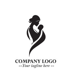 Mom and Baby Logo Symbol in Black on White Background for Gentle Minimalist Branding Design Art