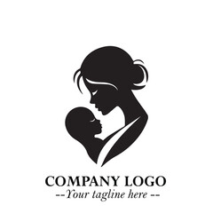 Mom and Baby Logo Symbol in Black on White Background for Gentle Minimalist Branding Design Art