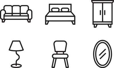 Furniture icon set sofa bed wardrobe lamp chair and mirror outline symbols home interior objects