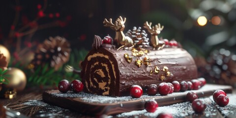Luxury Bûche de Noël Gold Reindeer Cranberries Gourmet Christmas Chocolate Cake