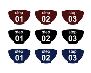 番号入りのお椀シルエットアイコンセット（step 01・02・03）。赤・黒・紺の3色展開で手順やプロセス説明、インフォグラフィックに使いやすいシンプルなベクターイラスト素材
