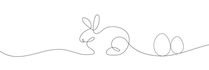 One continuous line drawing of Easter rabbit. Banner design with bunny and ears in simple linear style. Editable stroke. Doodle vector file illustration. EPS 10 .