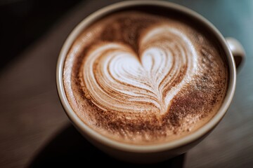 Close up of latte art in coffee cup. Delicious warm drink for cafe menu, morning beverage, or romantic gesture.